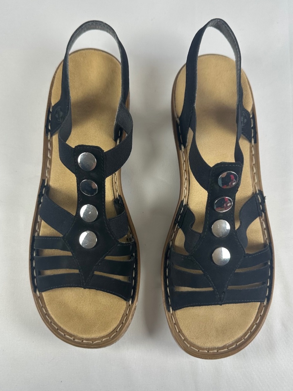 Rieker Regina 31 Sandals Elastic Strappy Black Size 42/US 11 Silver Buttons